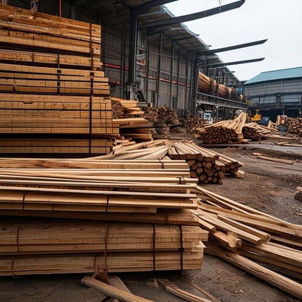 An image of a struggling wooden industry facing challenges of market volatility, rising operational costs, and global competition, leading to potentia