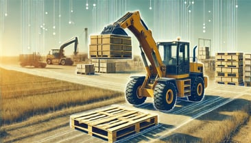 DALL·E 2024-07-15 12.56.25 - An open field with a construction site featuring a backhoe lifting a pallet, with a slight digital enhancement. The scene remains spacious and clear, 