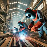 DALL·E 2024-10-15 16.25.46 - Workers performing welding in an industrial sawmill, with visible safety measures such as removing flammable materials and using spark arresters