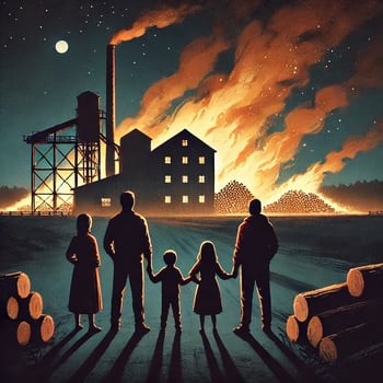 DALL·E 2024-10-15 16.25.57 - A family standing in the dark with their backs to the viewer, looking towards a burning sawmill in the distance, with flames illuminating the night sk-1