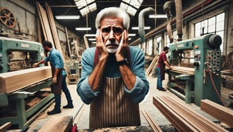 DALL·E 2024-10-18 18.55.22 - An older owner of a woodworking shop stands in his workshop, looking extremely distressed and desperate, unsure of what to do. His facial expression s