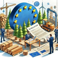 DALL·E 2024-10-21 08.38.11 - A scene illustrating EU regulations for the wood industry. The image features a large EU flag in the background, documents representing laws and guide