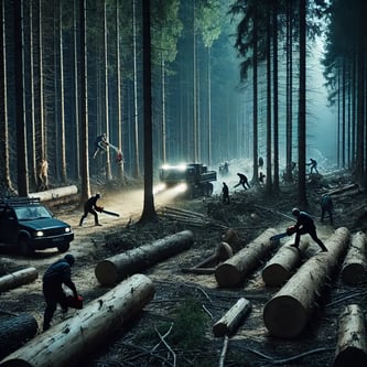 DALL·E 2024-10-21 08.38.53 - A nighttime scene in a dense forest showing an illegal logging operation (Schwarzfällerei). Large trees are being cut down by people using chainsaws, 