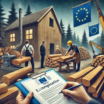 DALL·E 2024-10-21 08.45.02 - An image illustrating the impact of EU regulations on a small sawmill business in the forest. It shows workers cutting timber with traditional tools, 