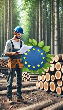 DALL·E 2024-10-21 08.45.05 - A full-body vertical portrait image of a wood industry worker standing in a forest with timber logs, reviewing documents on EU regulations for sustain