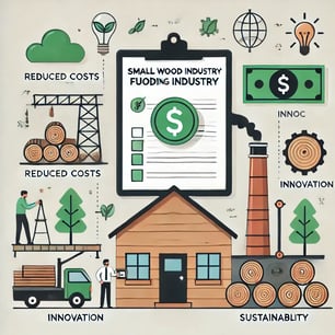 DALL·E 2024-10-28 20.07.38 - A flat illustration showing small wood industry funding benefits, with money symbols and icons representing reduced costs, innovation, and sustainabil