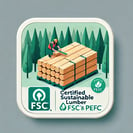 DALL·E 2024-11-11 07.05.59 - A standard square image depicting a stack of certified sustainable lumber with FSC and PEFC logos visible. Include a lush forest background and a work